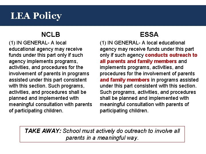 LEA Policy NCLB ESSA (1) IN GENERAL- A local educational agency may receive funds