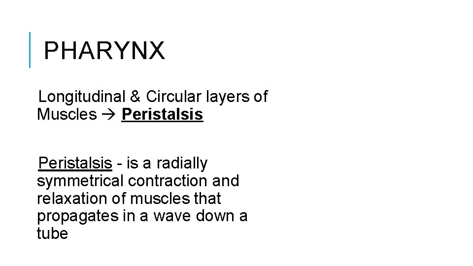 PHARYNX Longitudinal & Circular layers of Muscles Peristalsis - is a radially symmetrical contraction