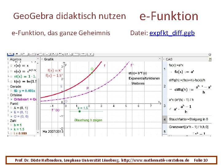 Geo. Gebra didaktisch nutzen e-Funktion, das ganze Geheimnis e-Funktion Datei: expfkt_diff. ggb Prof. Dr.