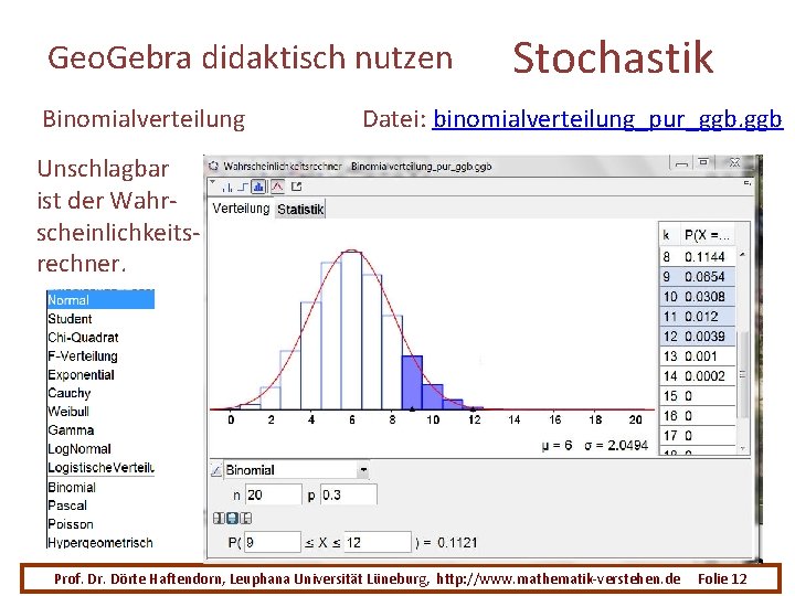 Geo. Gebra didaktisch nutzen Binomialverteilung Stochastik Datei: binomialverteilung_pur_ggb. ggb Unschlagbar ist der Wahrscheinlichkeitsrechner. Prof.