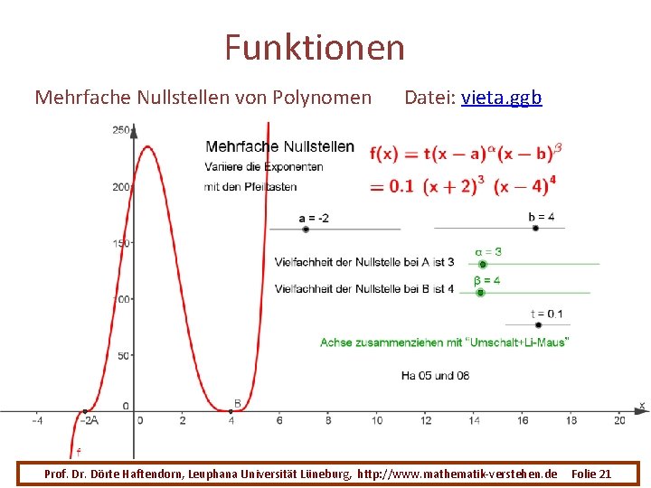 Funktionen Mehrfache Nullstellen von Polynomen Datei: vieta. ggb Prof. Dr. Dörte Haftendorn, Leuphana Universität