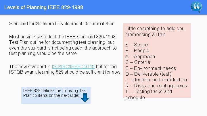 Levels of Planning IEEE 829 -1998 Standard for Software Development Documentation Most businesses adopt