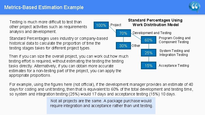 Metrics-Based Estimation Example Testing is much more difficult to test than other project activities