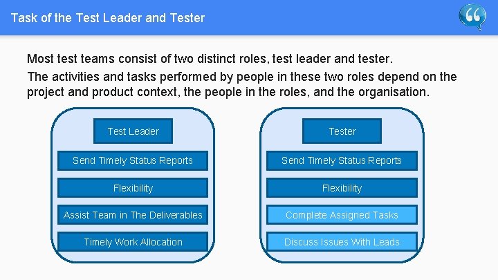 Task of the Test Leader and Tester Most teams consist of two distinct roles,