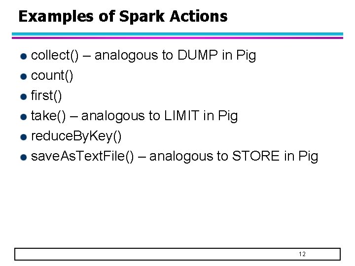 Examples of Spark Actions collect() – analogous to DUMP in Pig count() first() take() Examples of Spark Actions collect() – analogous to DUMP in Pig count() first() take()