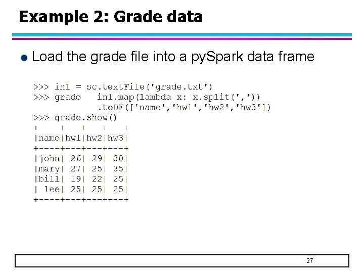 Example 2: Grade data Load the grade file into a py. Spark data frame Example 2: Grade data Load the grade file into a py. Spark data frame