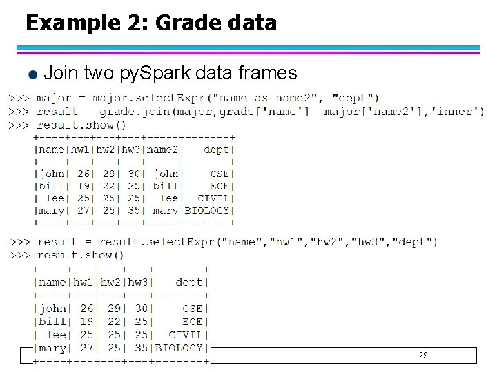 Example 2: Grade data Join two py. Spark data frames 29 Example 2: Grade data Join two py. Spark data frames 29