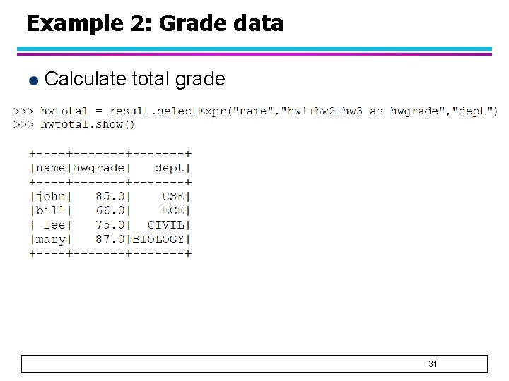 Example 2: Grade data Calculate total grade 31 Example 2: Grade data Calculate total grade 31