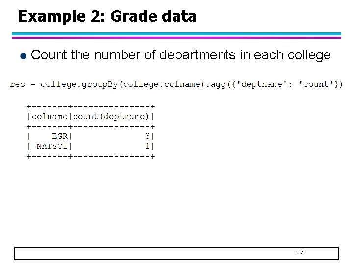 Example 2: Grade data Count the number of departments in each college 34 Example 2: Grade data Count the number of departments in each college 34