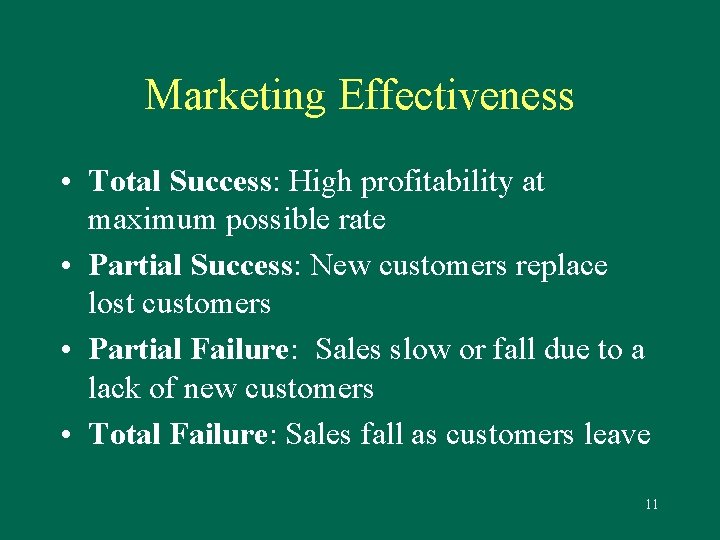 Marketing Effectiveness • Total Success: High profitability at maximum possible rate • Partial Success: