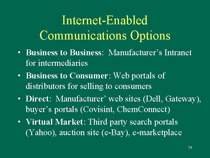 Internet-Enabled Communications Options • Business to Business: Manufacturer’s Intranet for intermediaries • Business to