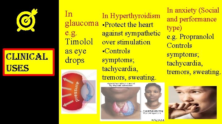 clinical uses In glaucoma e. g. Timolol as eye drops In anxiety (Social In