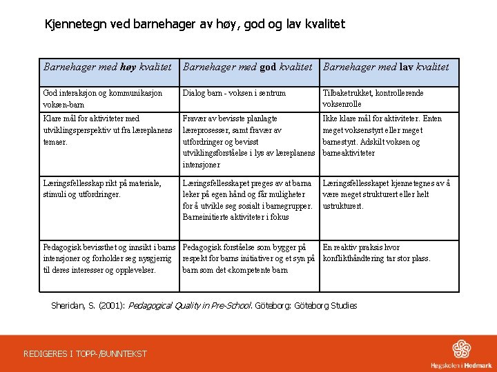 Kjennetegn ved barnehager av høy, god og lav kvalitet Barnehager med høy kvalitet Barnehager