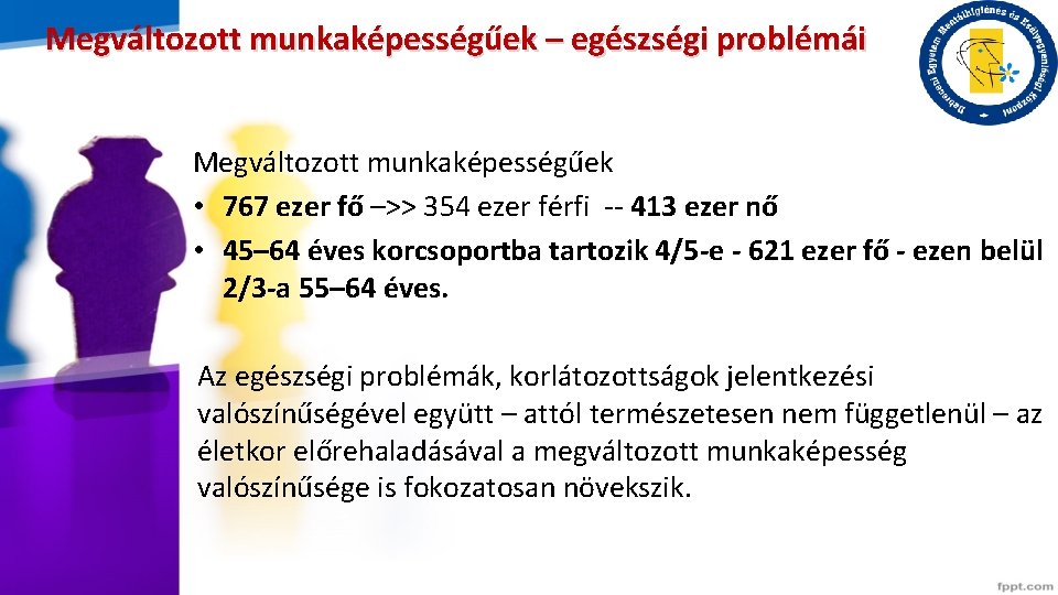 Megváltozott munkaképességűek – egészségi problémái Megváltozott munkaképességűek • 767 ezer fő –>> 354 ezer