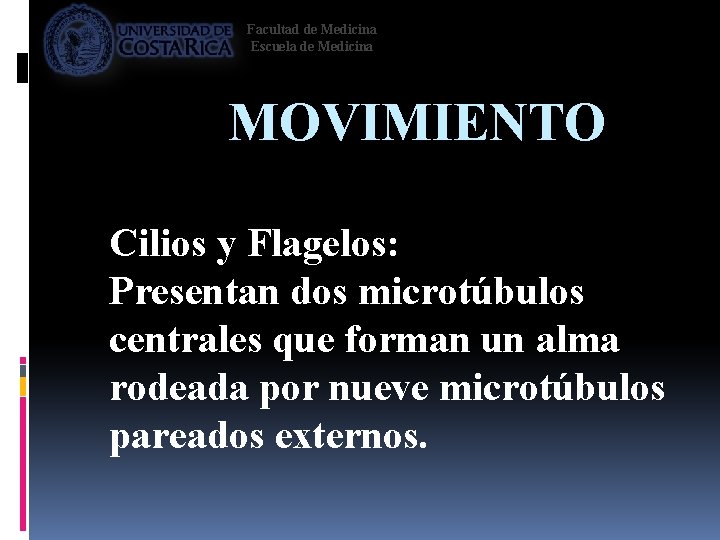 Facultad de Medicina Escuela de Medicina MOVIMIENTO Cilios y Flagelos: Presentan dos microtúbulos centrales