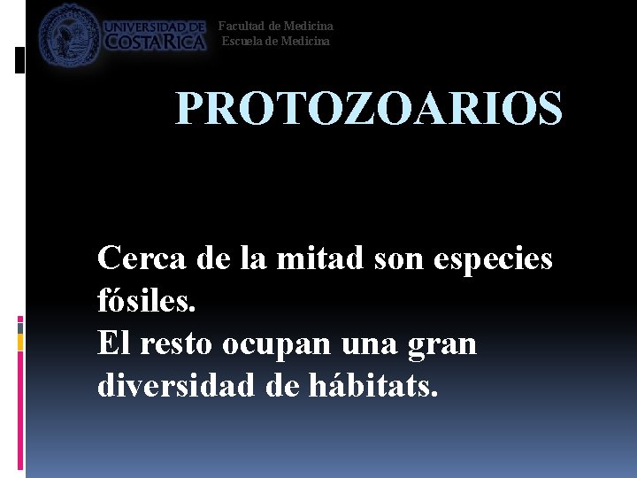 Facultad de Medicina Escuela de Medicina PROTOZOARIOS Cerca de la mitad son especies fósiles.