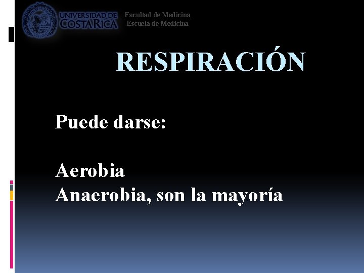 Facultad de Medicina Escuela de Medicina RESPIRACIÓN Puede darse: Aerobia Anaerobia, son la mayoría