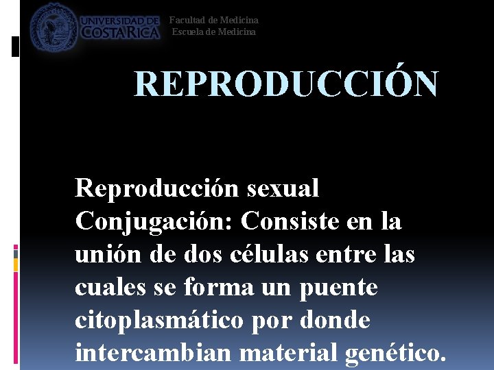 Facultad de Medicina Escuela de Medicina REPRODUCCIÓN Reproducción sexual Conjugación: Consiste en la unión