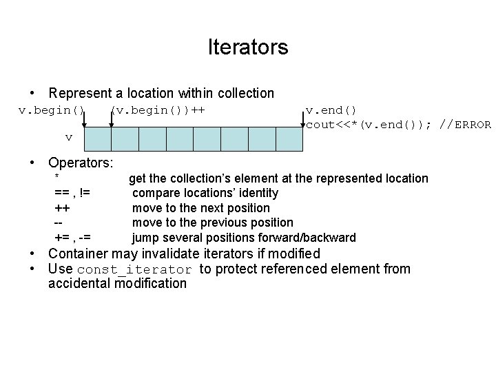 Iterators • Represent a location within collection v. begin() (v. begin())++ v v. end()