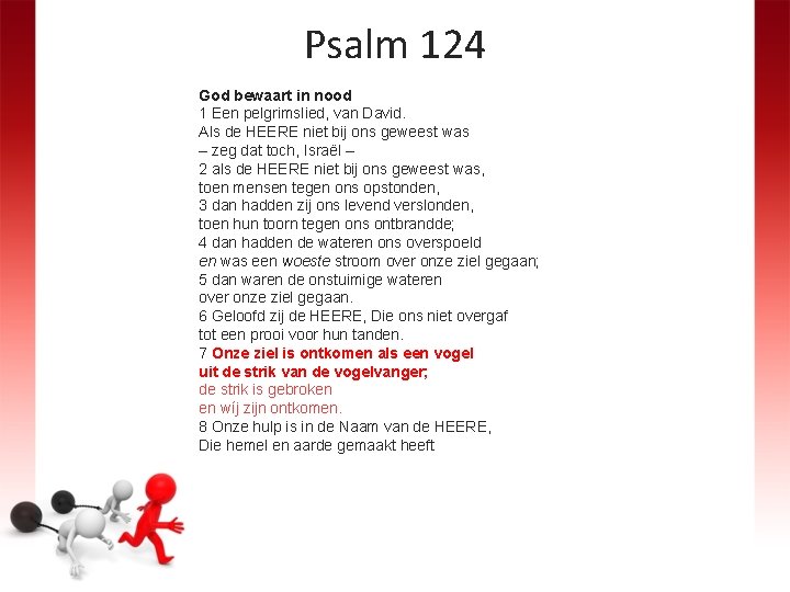 Psalm 124 God bewaart in nood 1 Een pelgrimslied, van David. Als de HEERE