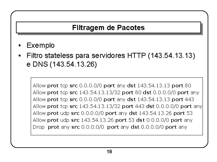 Filtragem de Pacotes • Exemplo • Filtro stateless para servidores HTTP (143. 54. 13)