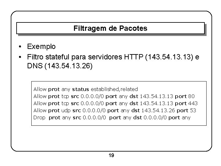 Filtragem de Pacotes • Exemplo • Filtro stateful para servidores HTTP (143. 54. 13)