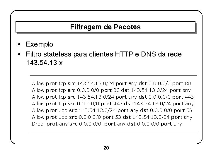 Filtragem de Pacotes • Exemplo • Filtro stateless para clientes HTTP e DNS da