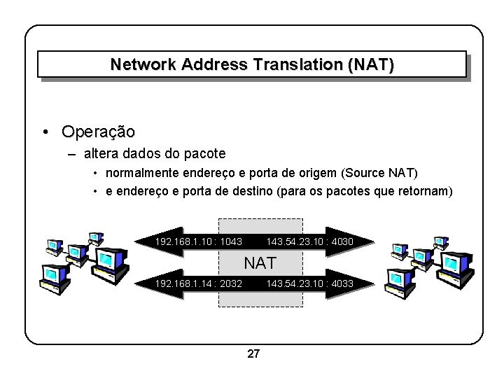 Network Address Translation (NAT) • Operação – altera dados do pacote • normalmente endereço