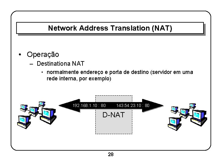 Network Address Translation (NAT) • Operação – Destinationa NAT • normalmente endereço e porta