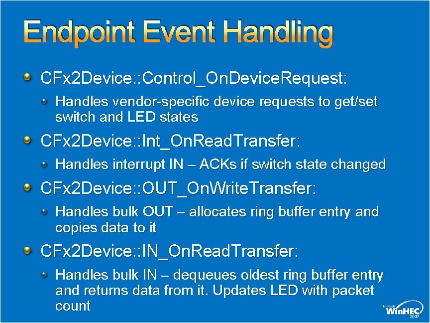 Endpoint Event Handling CFx 2 Device: : Control_On. Device. Request: Handles vendor-specific device requests