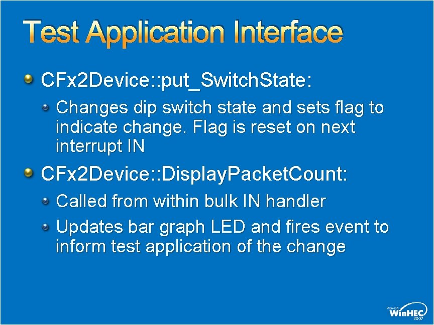 Test Application Interface CFx 2 Device: : put_Switch. State: Changes dip switch state and