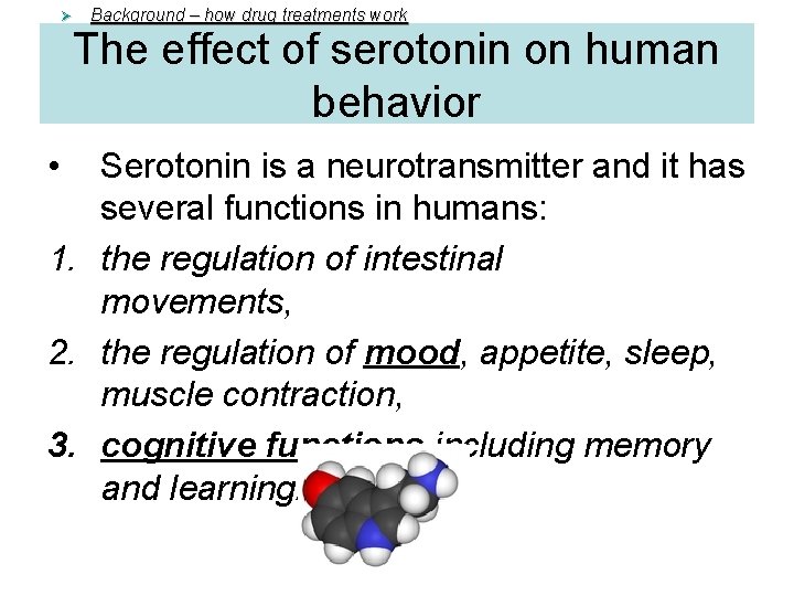 Ø • Background – how drug treatments work The effect of serotonin on human Ø • Background – how drug treatments work The effect of serotonin on human