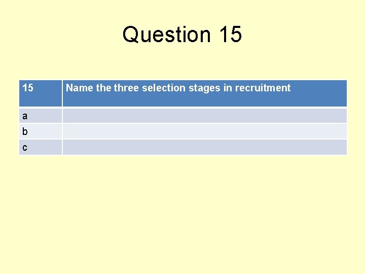 Question 15 15 a b c Name three selection stages in recruitment 