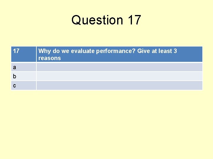 Question 17 17 a b c Why do we evaluate performance? Give at least
