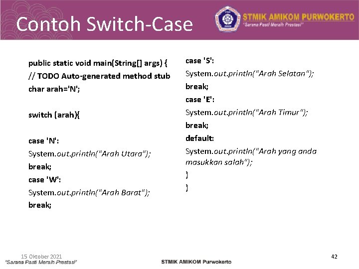 Contoh Switch-Case public static void main(String[] args) { // TODO Auto-generated method stub char