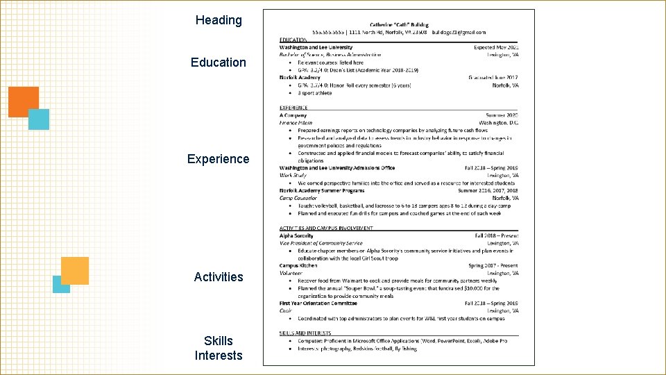 Heading Education Experience Activities Skills Interests 