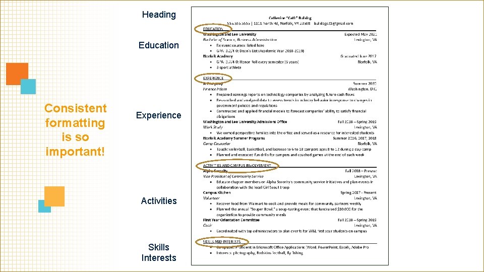 Heading Education Consistent formatting is so important! Experience Activities Skills Interests 