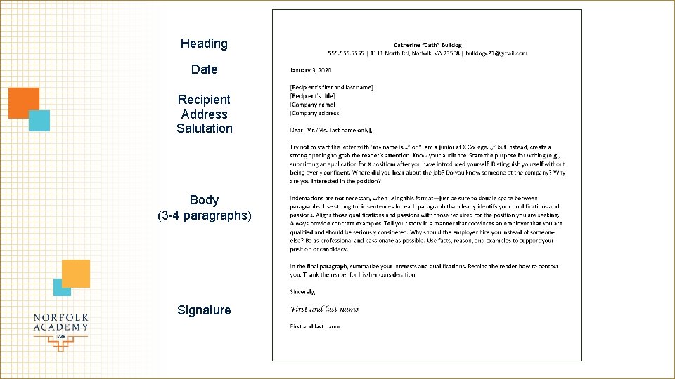 Heading Date Recipient Address Salutation Body (3 -4 paragraphs) Signature 