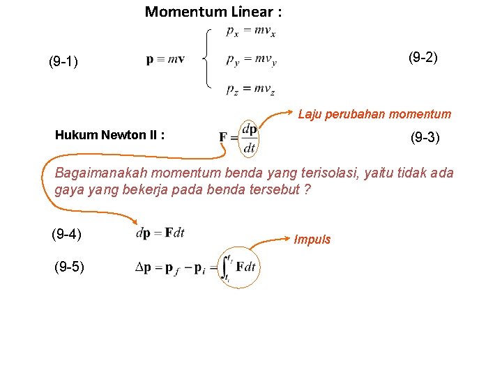 Momentum Linear : (9 -2) (9 -1) Laju perubahan momentum Hukum Newton II :