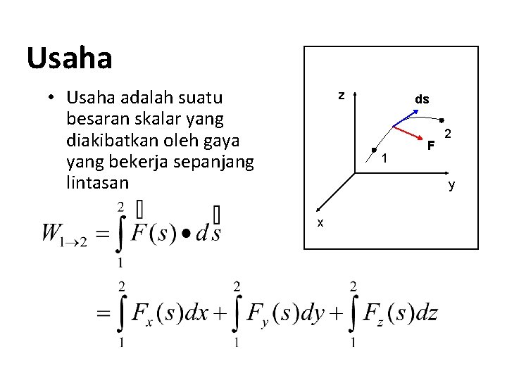 Usaha • Usaha adalah suatu besaran skalar yang diakibatkan oleh gaya yang bekerja sepanjang