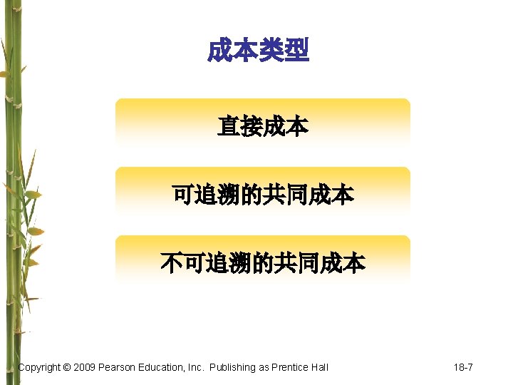 成本类型 直接成本 可追溯的共同成本 不可追溯的共同成本 Copyright © 2009 Pearson Education, Inc. Publishing as Prentice Hall