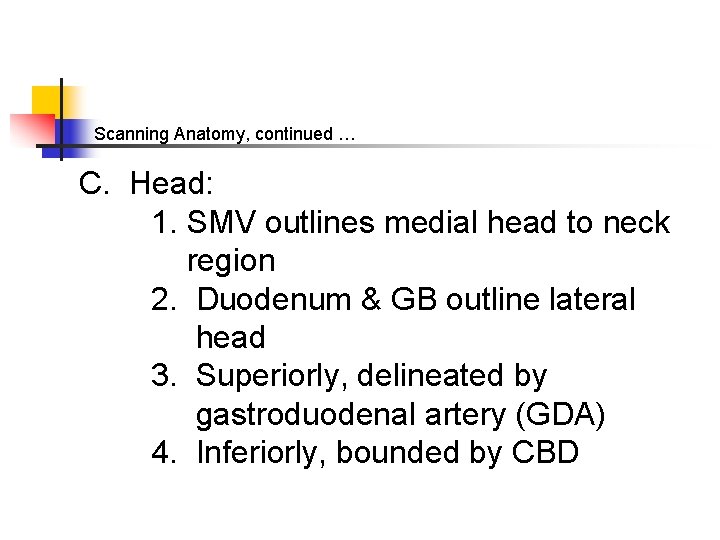 Scanning Anatomy, continued … C. Head: 1. SMV outlines medial head to neck region