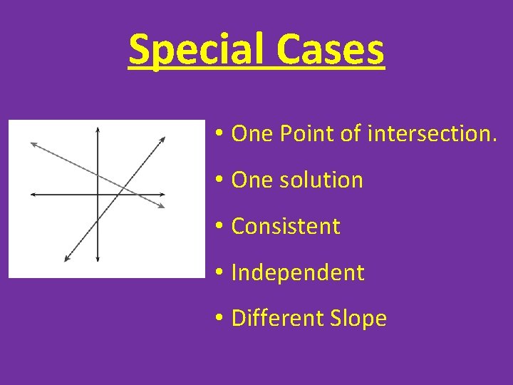 Special Cases • One Point of intersection. • One solution • Consistent • Independent