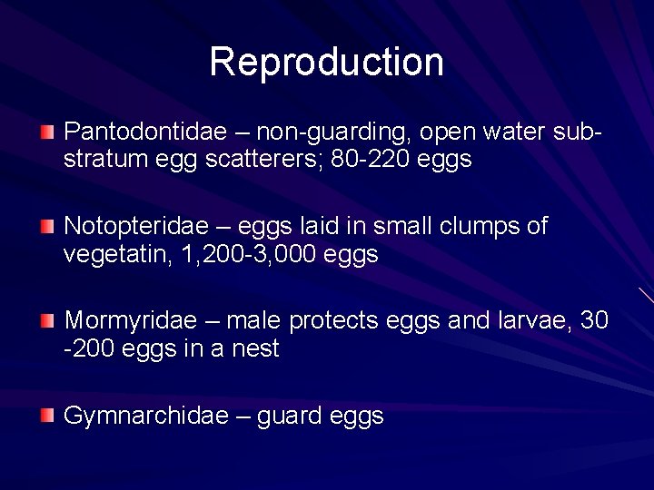 Reproduction Pantodontidae – non-guarding, open water substratum egg scatterers; 80 -220 eggs Notopteridae –