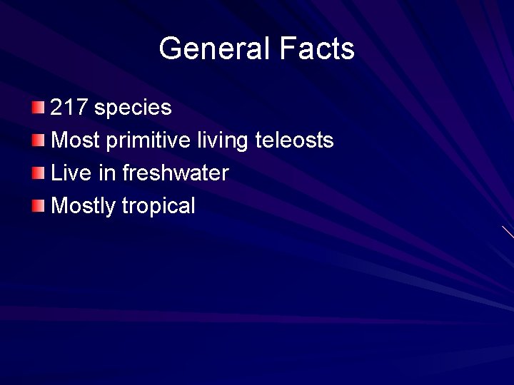 General Facts 217 species Most primitive living teleosts Live in freshwater Mostly tropical 