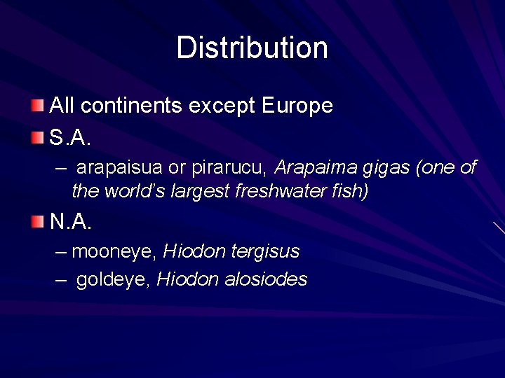 Distribution All continents except Europe S. A. – arapaisua or pirarucu, Arapaima gigas (one