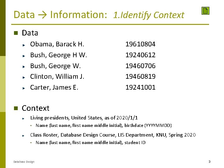 Data → Information: 1. Identify Context Data Obama, Barack H. Bush, George H W.