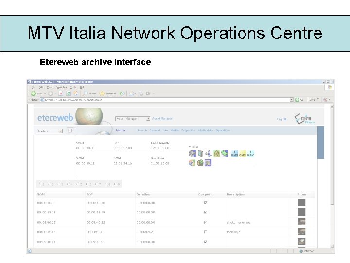 MTV Italia Network Operations Centre Etereweb archive interface 