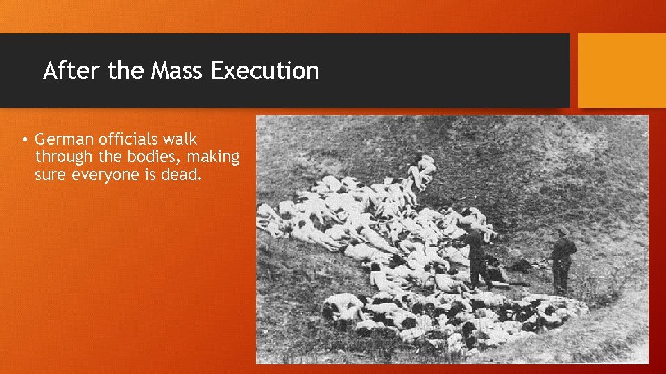 After the Mass Execution • German officials walk through the bodies, making sure everyone