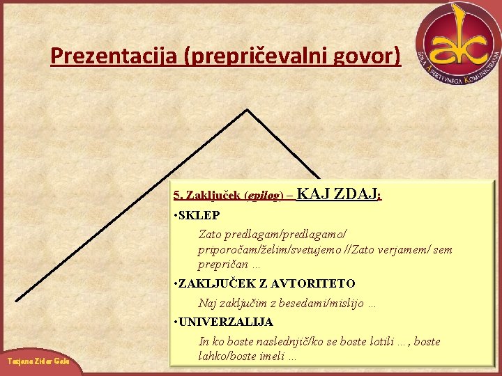 Prezentacija (prepričevalni govor) 5. Zaključek (epilog) – KAJ ZDAJ: Tatjana Zidar Gale • SKLEP